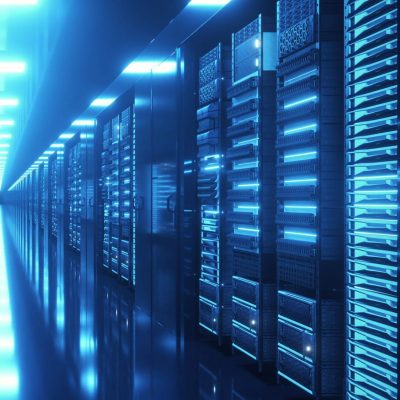 Data center with endless servers. Network and information servers behind glass panels. Cloud computing data storage. 4K high quality loop animation.