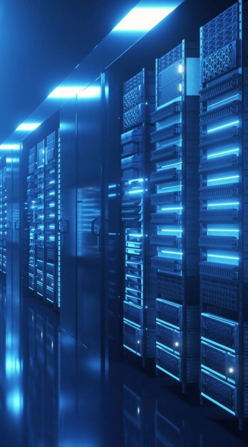Data center with endless servers. Network and information servers behind glass panels. Cloud computing data storage. 4K high quality loop animation.