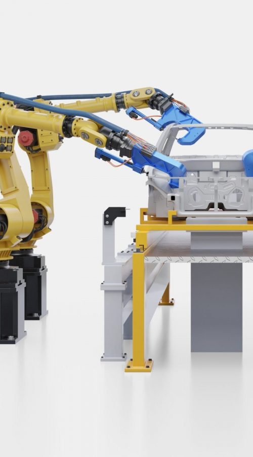 Robotic automotive assembly in factory.3D Rendering